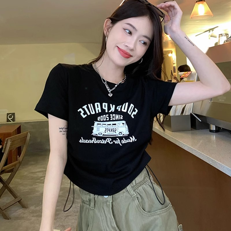 Large size drawstring American print short-sleeved t-shirt women's summer slim fit slim cover belly front shoulder short top tide