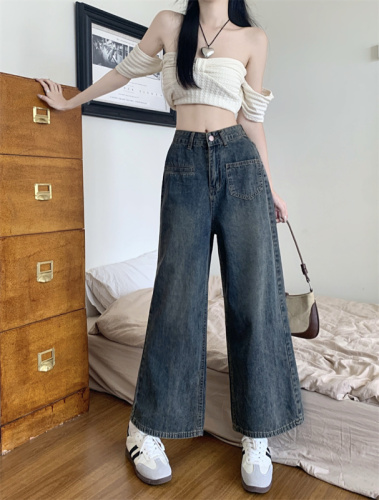 Real shot wide-leg eight-point jeans women's summer small nine-point straight tube loose drape  new pants