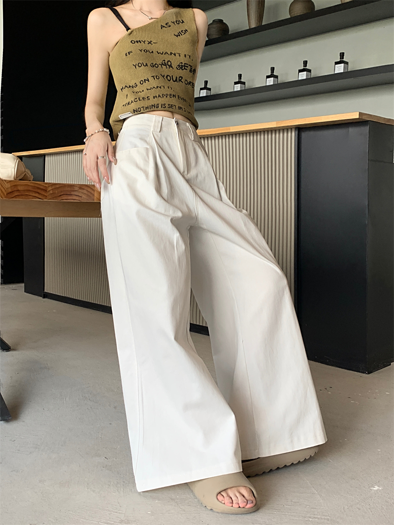 Real shot high-waisted white casual pants women's summer functional style all-match wide-leg straight-leg pants tooling floor-length pants trendy