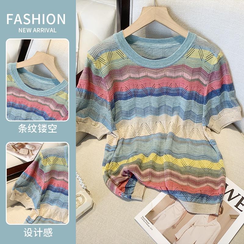 Real shot European rainbow striped round neck short-sleeved hollow knit sweater women's summer design sense niche soft waxy T-shirt top