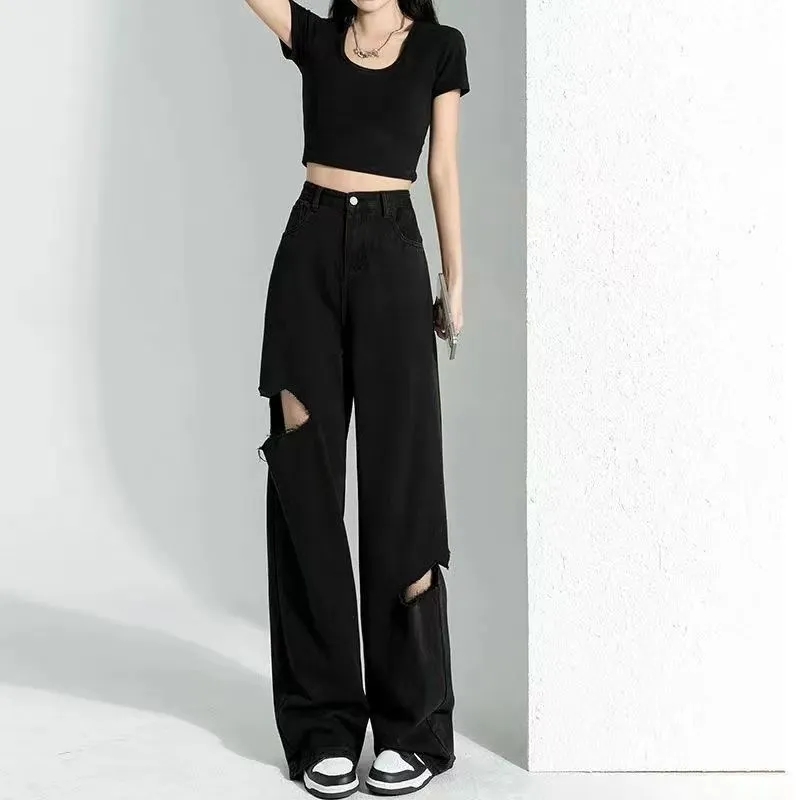Black ripped denim women's high street straight beggar pants summer thin section loose large size high waist wide leg mopping trousers