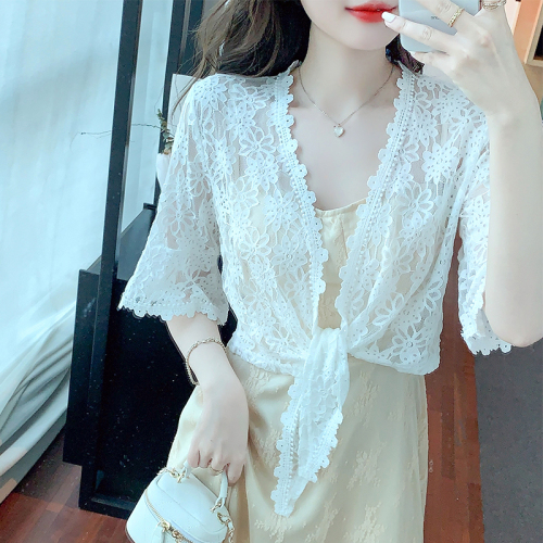 Lace hollow short-sleeved cardigan small shawl small vest summer all-match 2023 summer thin coat women