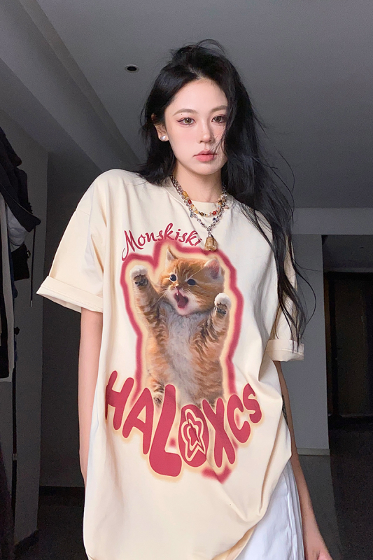 American round neck t-shirt short-sleeved female roaring cat sweet cool print half-sleeved loose top summer