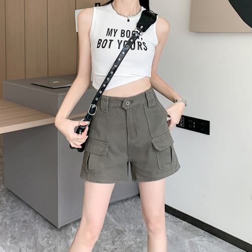 Real shot real price American retro pocket tooling casual shorts women's new high waist straight loose wide leg pants