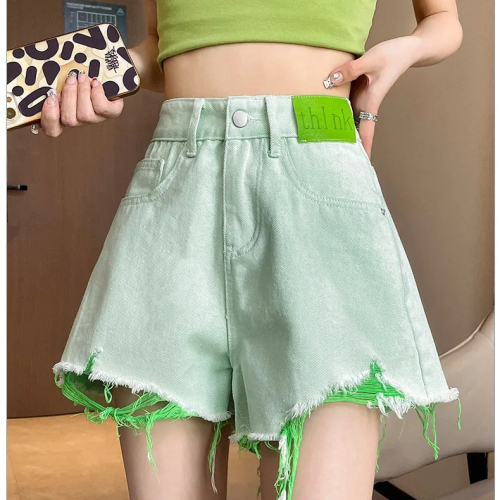 Light green ripped denim shorts women's summer thin section 2023 new high waist small loose wide leg hot pants