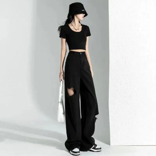Black ripped denim women's high street straight beggar pants summer thin section loose large size high waist wide leg mopping trousers