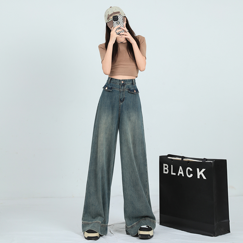 Real shot of retro wide-leg jeans women's high-waist thin section 2023 new loose and thin drape floor mopping straight-leg pants