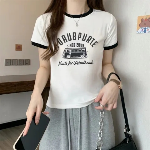 Summer Sweet Spice Girl Contrast Color Round Neck Short Top Short Sleeve T-Shirt Female