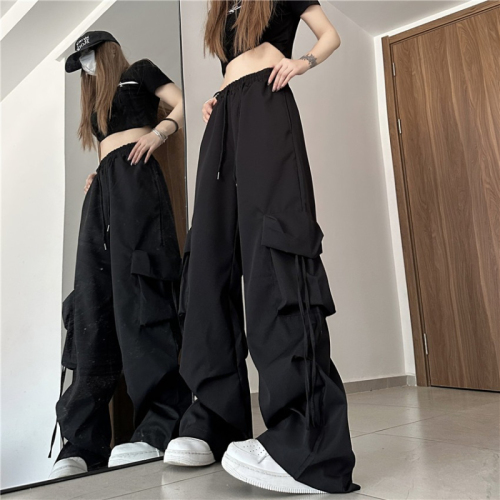 American retro overalls women's summer high waist straight wide leg design sense niche loose casual floor mopping trousers trendy