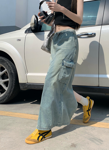 Real price real price 2023 summer new style pumping elastic to do old denim tooling skirt female cool spicy style American style slit skirt