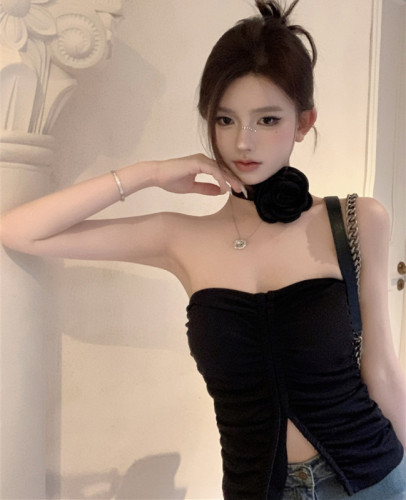 Real shot real price American hot girl pure desire black pleated thin short sexy breasted tube top vest top female