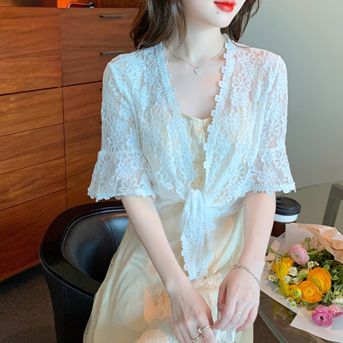 Lace hollow short-sleeved cardigan small shawl small vest summer all-match 2023 summer thin coat women
