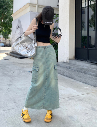 Real price real price 2023 summer new style pumping elastic to do old denim tooling skirt female cool spicy style American style slit skirt