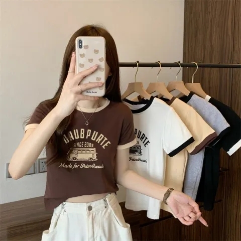 Summer Sweet Spice Girl Contrast Color Round Neck Short Top Short Sleeve T-Shirt Female