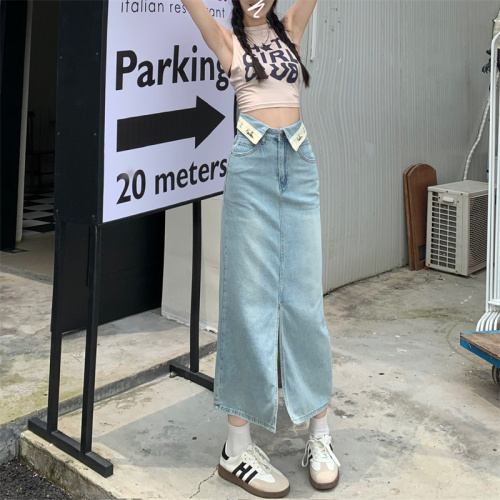 Real shot 2023 Korean version of the flanging letter embroidery denim skirt women's summer new slit slim denim skirt