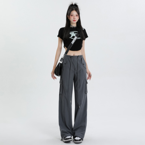 Real shot Gray overalls women's summer thin section wide-leg straight casual design quick-drying American retro sports pants