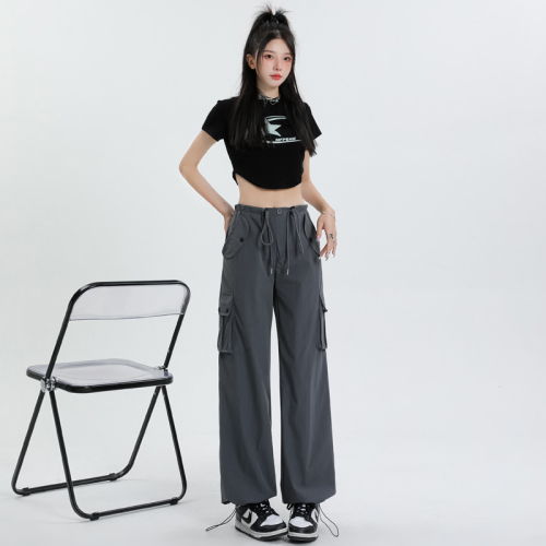 Real shot Gray overalls women's summer thin section wide-leg straight casual design quick-drying American retro sports pants