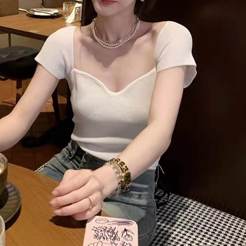Greater than poetry collection pure desire hot girl style generous neck collarbone knitted T-shirt female all-match slim slim short-sleeved top