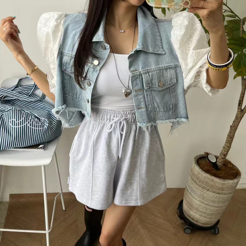 Lace Bubble Shoulder Panel Denim Raw Edge Cropped Jacket