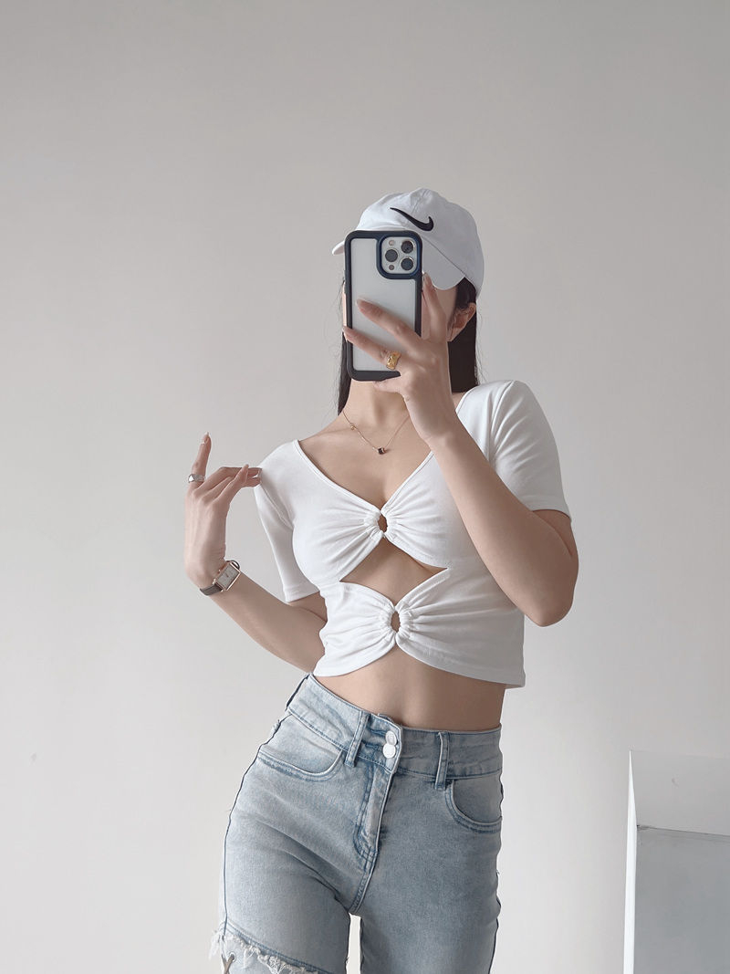 260g 11 modal European and American style summer short front and back double-sided wear open back square collar short-sleeved T-shirt women's clothing