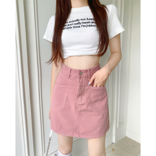 Real shot pink plus size denim skirt women's summer thin a-line hakama bag hip skirt design sense skirt