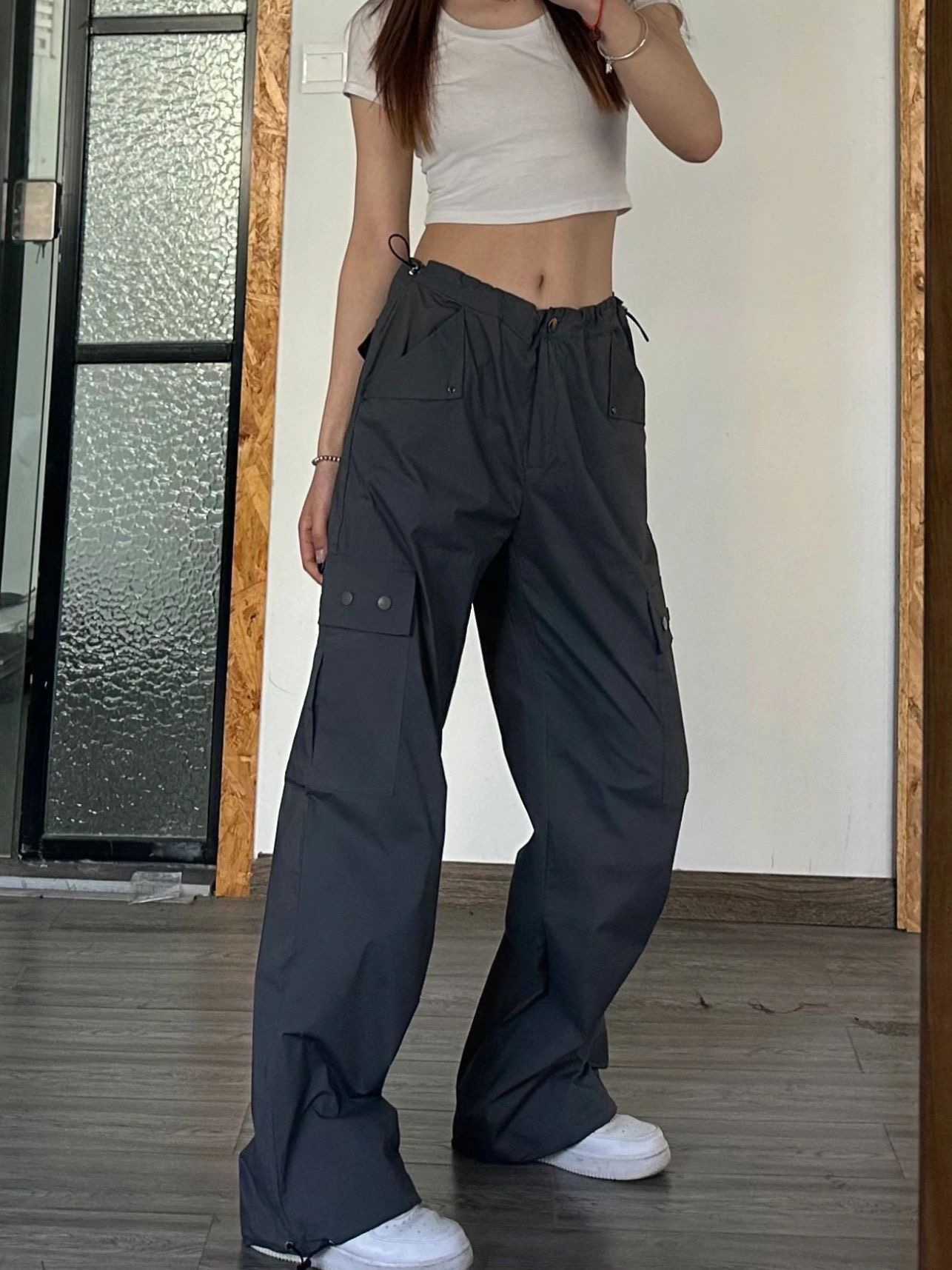 American retro multi-pocket gray overalls casual pants straight high street wide-leg pants