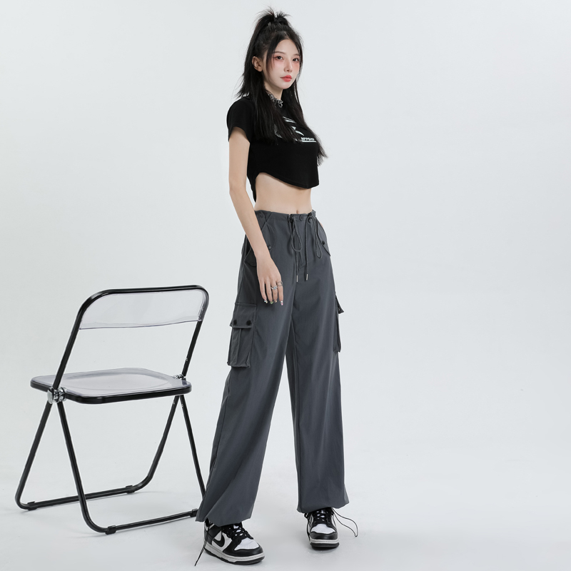 Real shot Gray overalls women's summer thin section wide-leg straight casual design quick-drying American retro sports pants