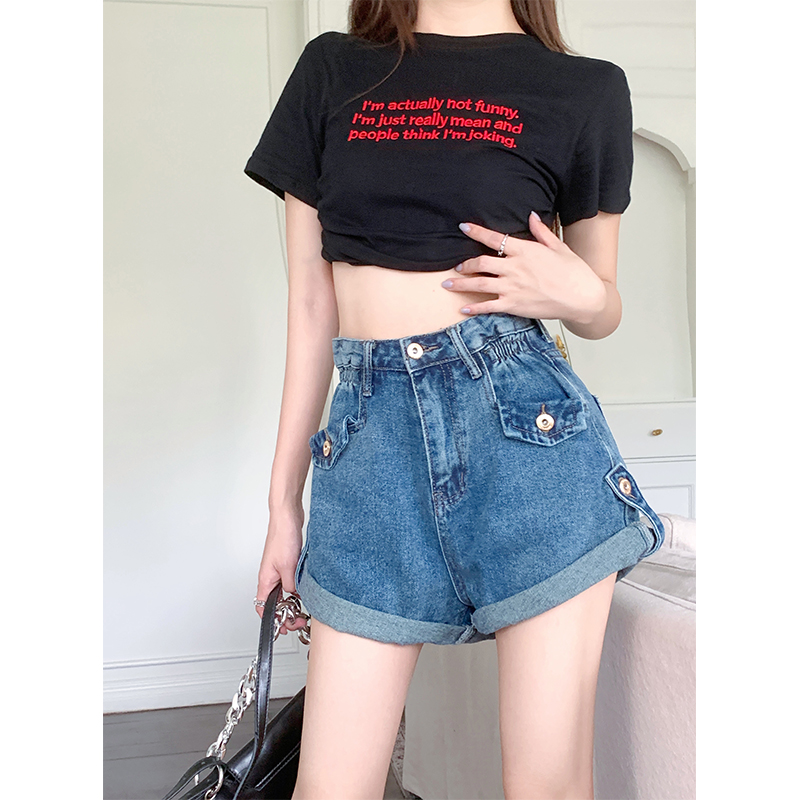 Real shot retro curling high waist denim shorts women's summer loose wide-leg pants hot girl a-line straight hot pants