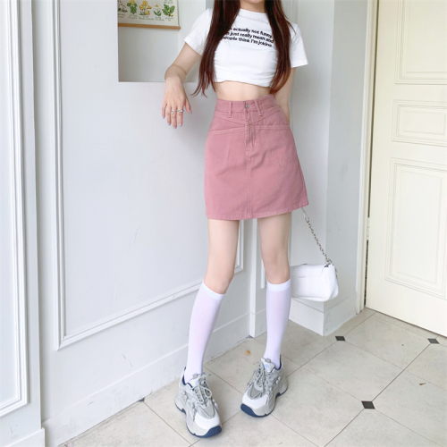 Real shot pink plus size denim skirt women's summer thin a-line hakama bag hip skirt design sense skirt