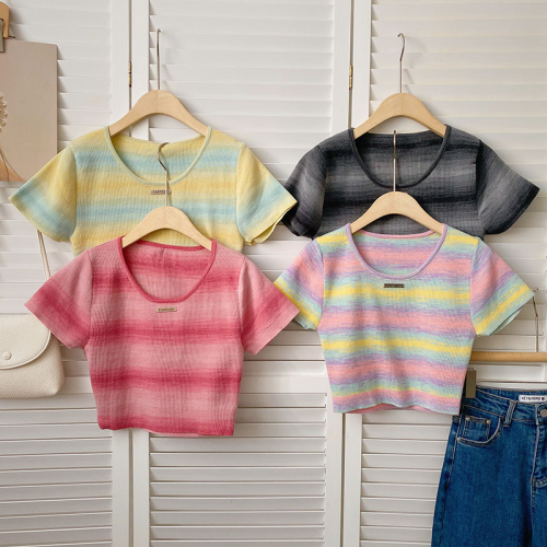 Spice Girl Striped Gradient Color Short Square Neck Knitwear Women's Summer 2023 New Korean Version Thin Slim Tops