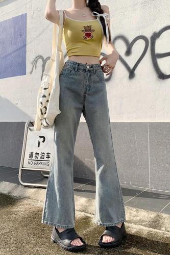 Real shot real price 2023 summer new raw edge denim micro flared pants women's Korean version high waist drape slim casual pants