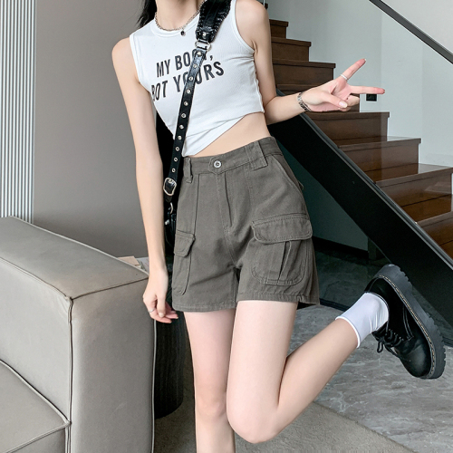 Real shot real price American retro pocket tooling casual shorts women's new high waist straight loose wide leg pants