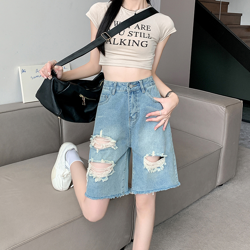 Real shot ripped five-point denim shorts women's summer new retro loose slim high street wide-leg mid-pants