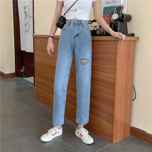 Real shot summer new high waist ripped cigarette pants look thin all-match jeans cropped pants small straight pants light color