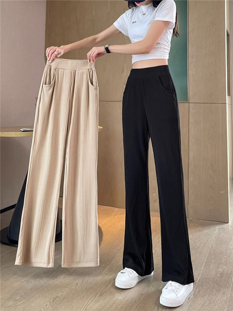 Lace-up trousers women's spring and summer ice silk thin drape wide-leg trousers 2023 new straight-leg casual slim bell-bottom trousers
