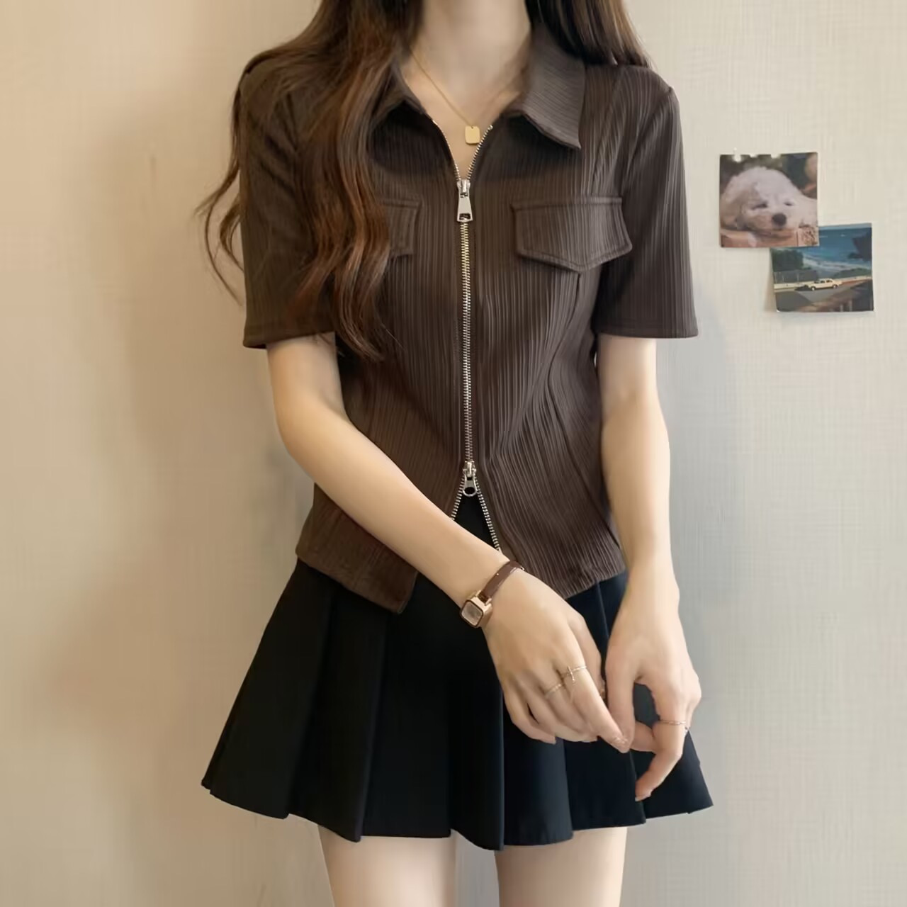 Plus size women's clothing 2023 fat sister summer new design sense lapel double zipper short-sleeved T-shirt pitted thin top