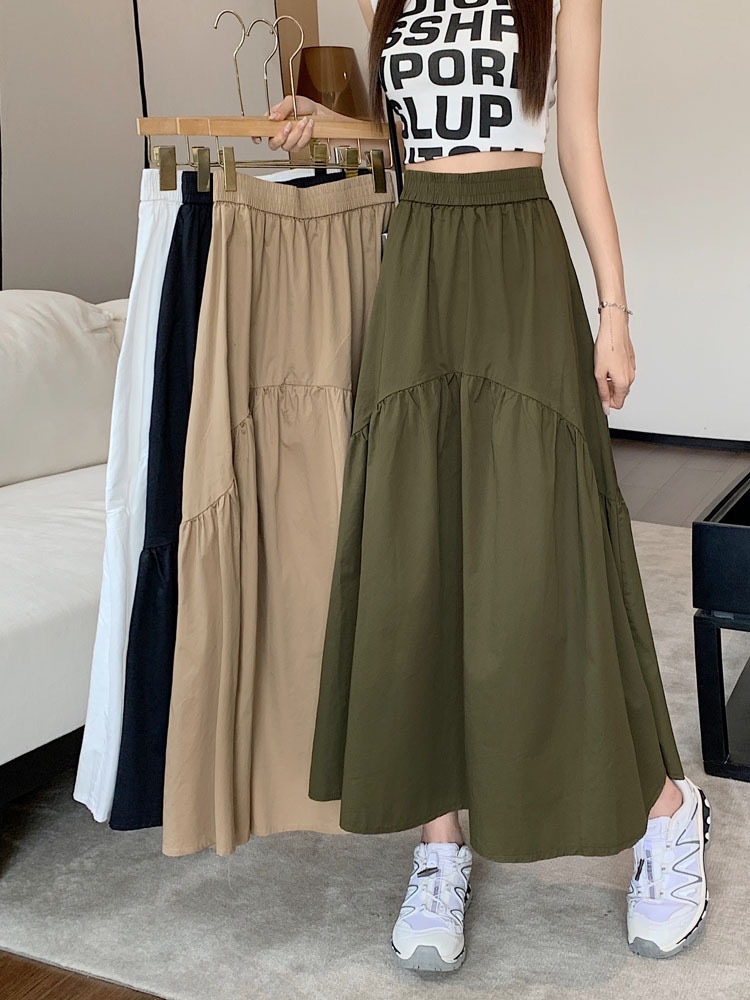 Summer 2023 new Korean version design sense pleated stitching skirt women's elastic waist a-line mid-length skirt