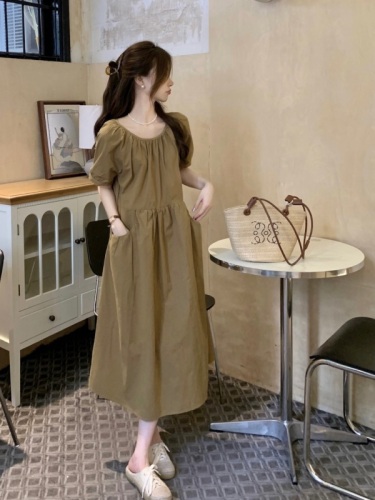 Real price~French retro loose lazy style round neck big pocket solid color all-match dress~