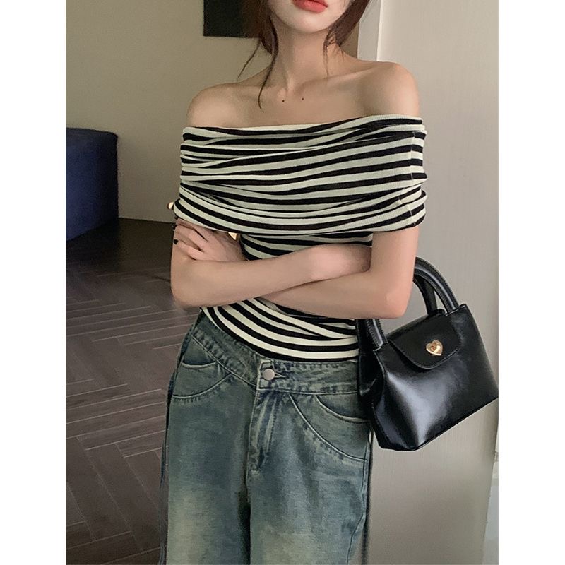 Summer Korean version of the new fashion design one-shoulder striped slim fit slim short-sleeved T-shirt