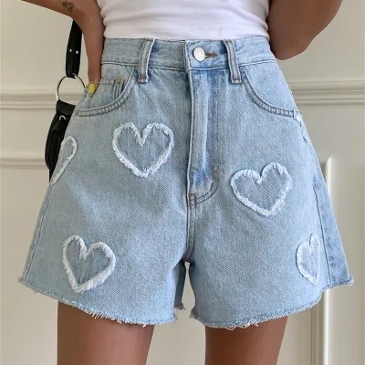 Cute frayed heart pattern light wash denim high waist shorts