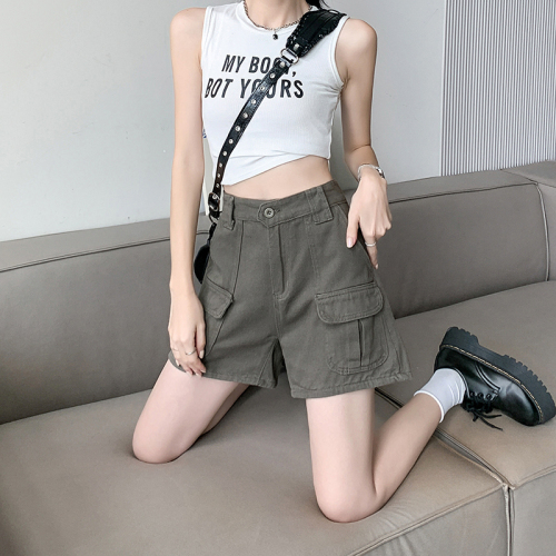 Real shot real price American retro pocket tooling casual shorts women's new high waist straight loose wide leg pants