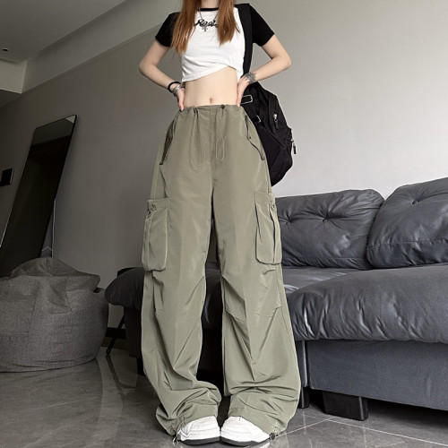Real shots of American style high street overalls women's summer 2023 new design sense drawstring casual wide-legged trousers