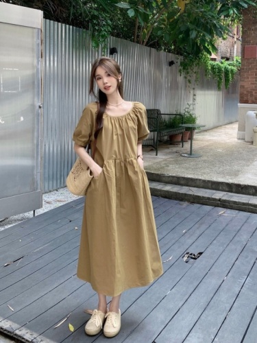 Real price~French retro loose lazy style round neck big pocket solid color all-match dress~