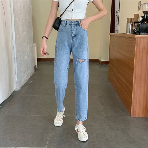 Real shot summer new high waist ripped cigarette pants look thin all-match jeans cropped pants small straight pants light color
