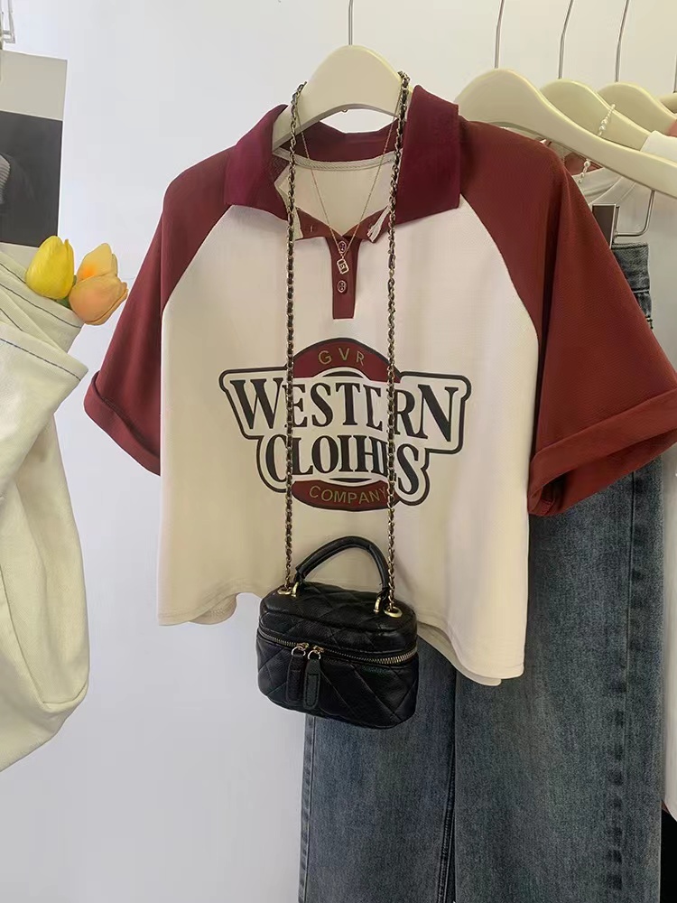 College wind polo shirt women's summer 2023 new color contrast stitching loose short letter printing short-sleeved T-shirt