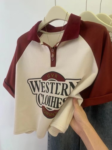 College wind polo shirt women's summer 2023 new color contrast stitching loose short letter printing short-sleeved T-shirt