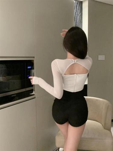 Real price sexy hot girl tight mesh design zipper backless long-sleeved top