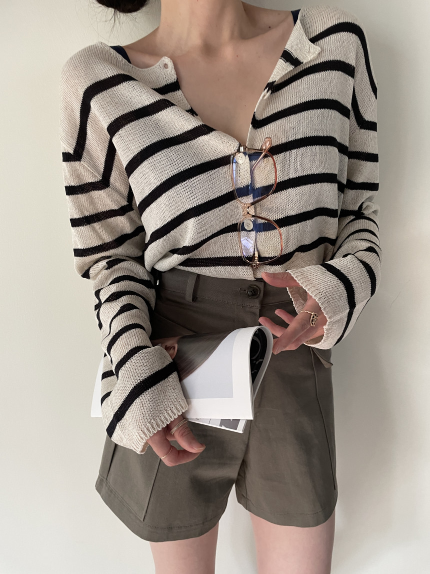 Korean summer new retro striped round neck thin section long-sleeved sweater women's loose lazy cardigan