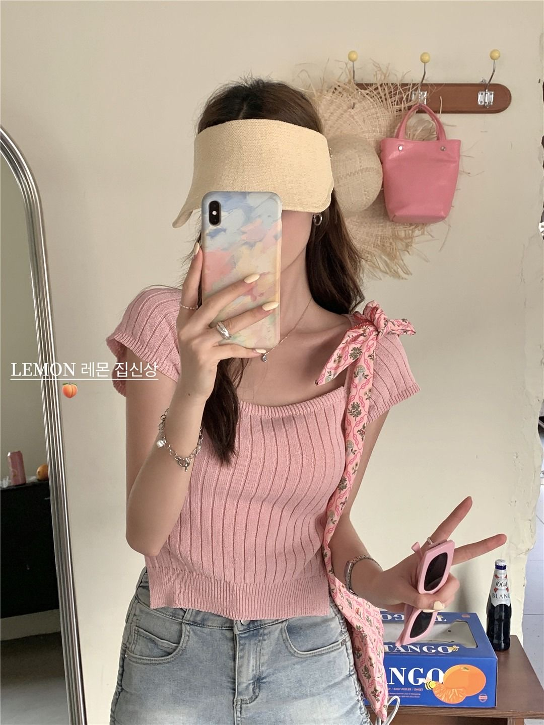 2023 summer new pure desire style open back strap square collar short-sleeved knitted sweater women's small fragrance sweet top