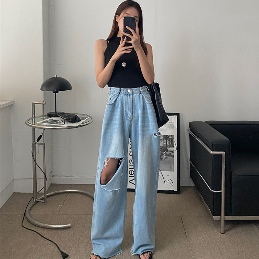 Spot summer new loose hole hook straight jeans